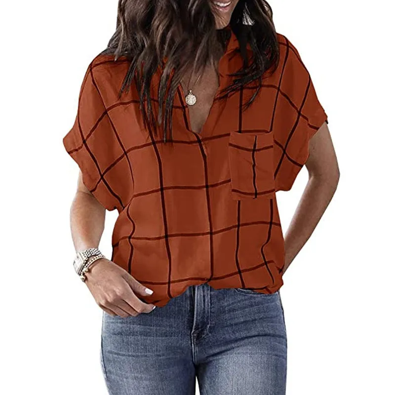 Womens V-Neck Plaid Print Short Sleeve T-Shirt with Pocket