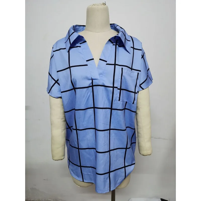 Womens V-Neck Plaid Print Short Sleeve T-Shirt with Pocket