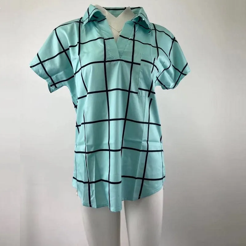 Womens V-Neck Plaid Print Short Sleeve T-Shirt with Pocket