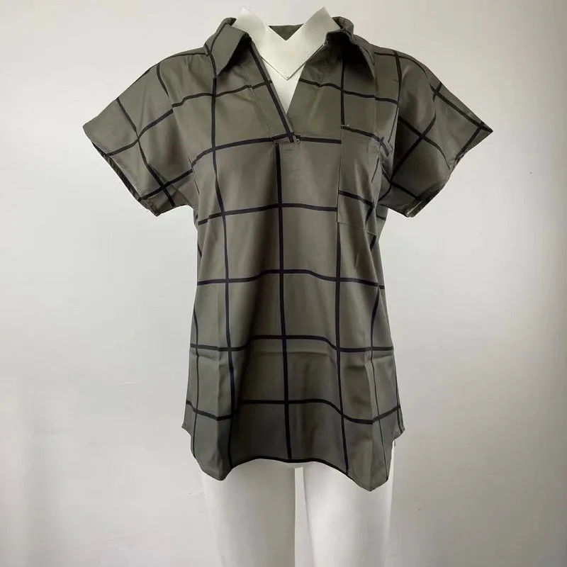 Womens V-Neck Plaid Print Short Sleeve T-Shirt with Pocket