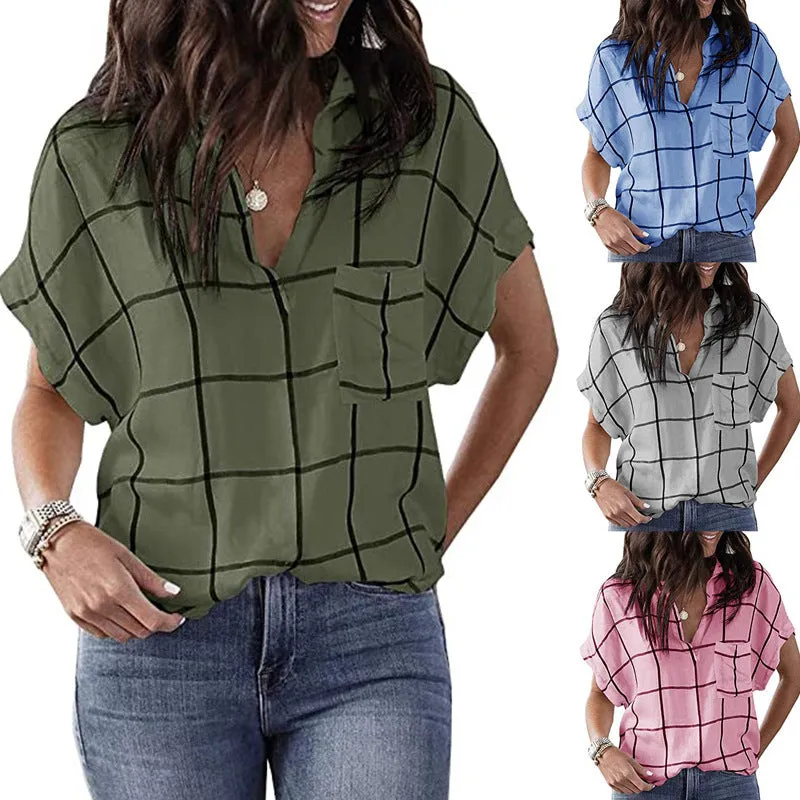 Womens V-Neck Plaid Print Short Sleeve T-Shirt with Pocket