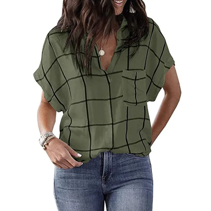 Womens V-Neck Plaid Print Short Sleeve T-Shirt with Pocket