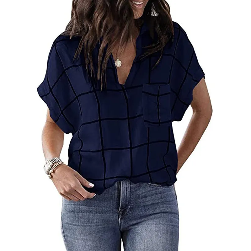 Womens V-Neck Plaid Print Short Sleeve T-Shirt with Pocket