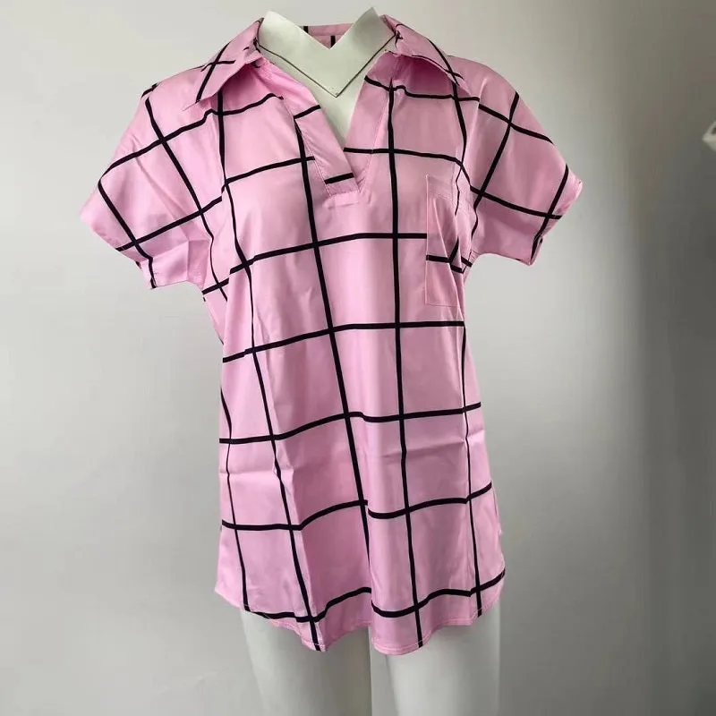 Womens V-Neck Plaid Print Short Sleeve T-Shirt with Pocket