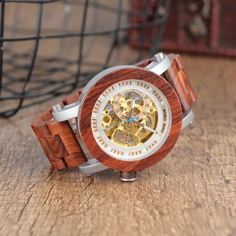 Wood & Steel Mechanical Skeleton Wooden Watch in Wooden Gift Box - Red,Black