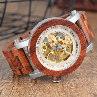 Wood & Steel Mechanical Skeleton Wooden Watch in Wooden Gift Box - Red,Black