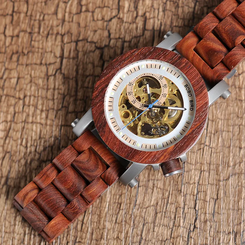 Wood & Steel Mechanical Skeleton Wooden Watch in Wooden Gift Box - Red,Black