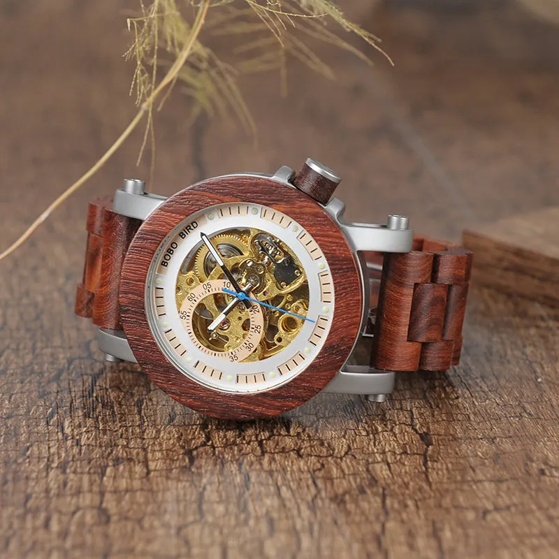 Wood & Steel Mechanical Skeleton Wooden Watch in Wooden Gift Box - Red,Black