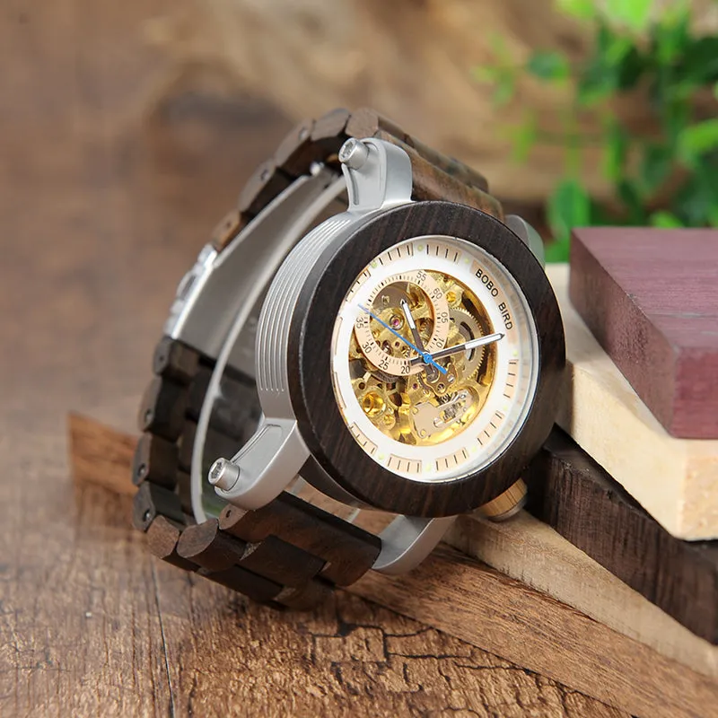 Wood & Steel Mechanical Skeleton Wooden Watch in Wooden Gift Box - Red,Black