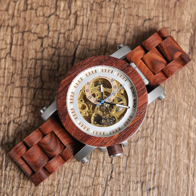 Wood & Steel Mechanical Skeleton Wooden Watch in Wooden Gift Box - Red,Black