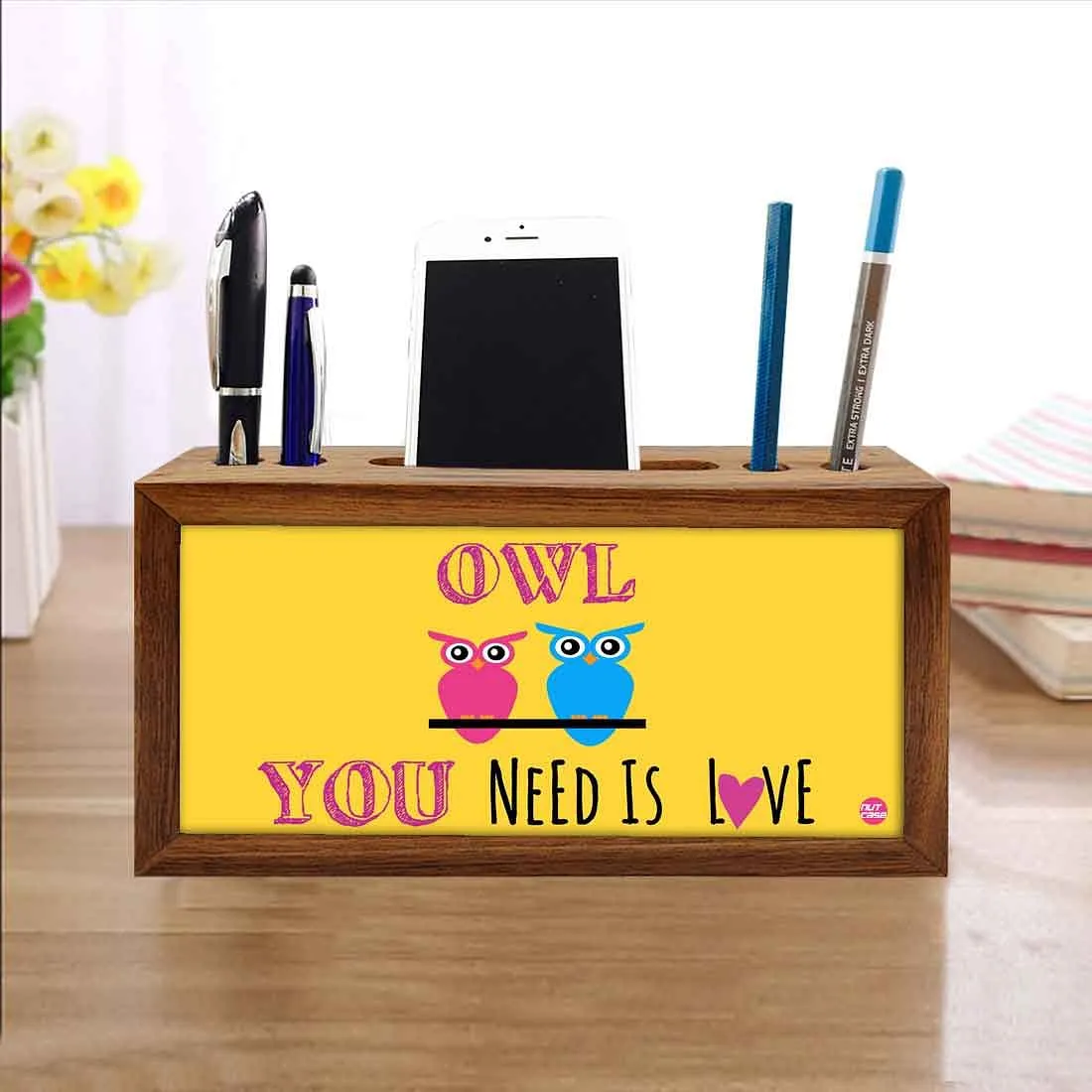 Wooden desk caddy Pen Mobile Stand - Owl You Need Is Love