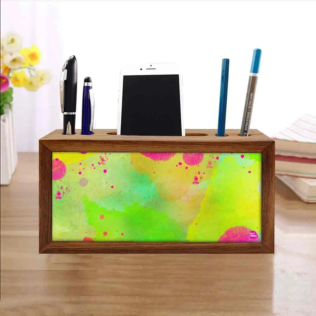 Wooden Stationery Organizer Pen and Mobile Stand Holder - Watercolors Paint