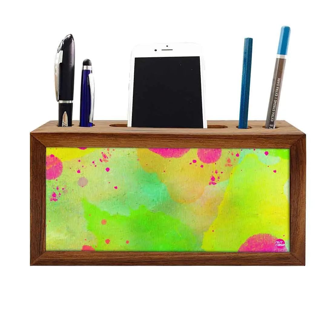 Wooden Stationery Organizer Pen and Mobile Stand Holder - Watercolors Paint