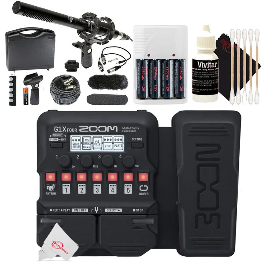 Zoom G1X Four Guitar Multi-Effects Processor With Built-In Expression Pedal   VidPro 1"Pr Shotgun Microphone Kit   Rechargeable Battery & Charger   3pc Cleaning Kit