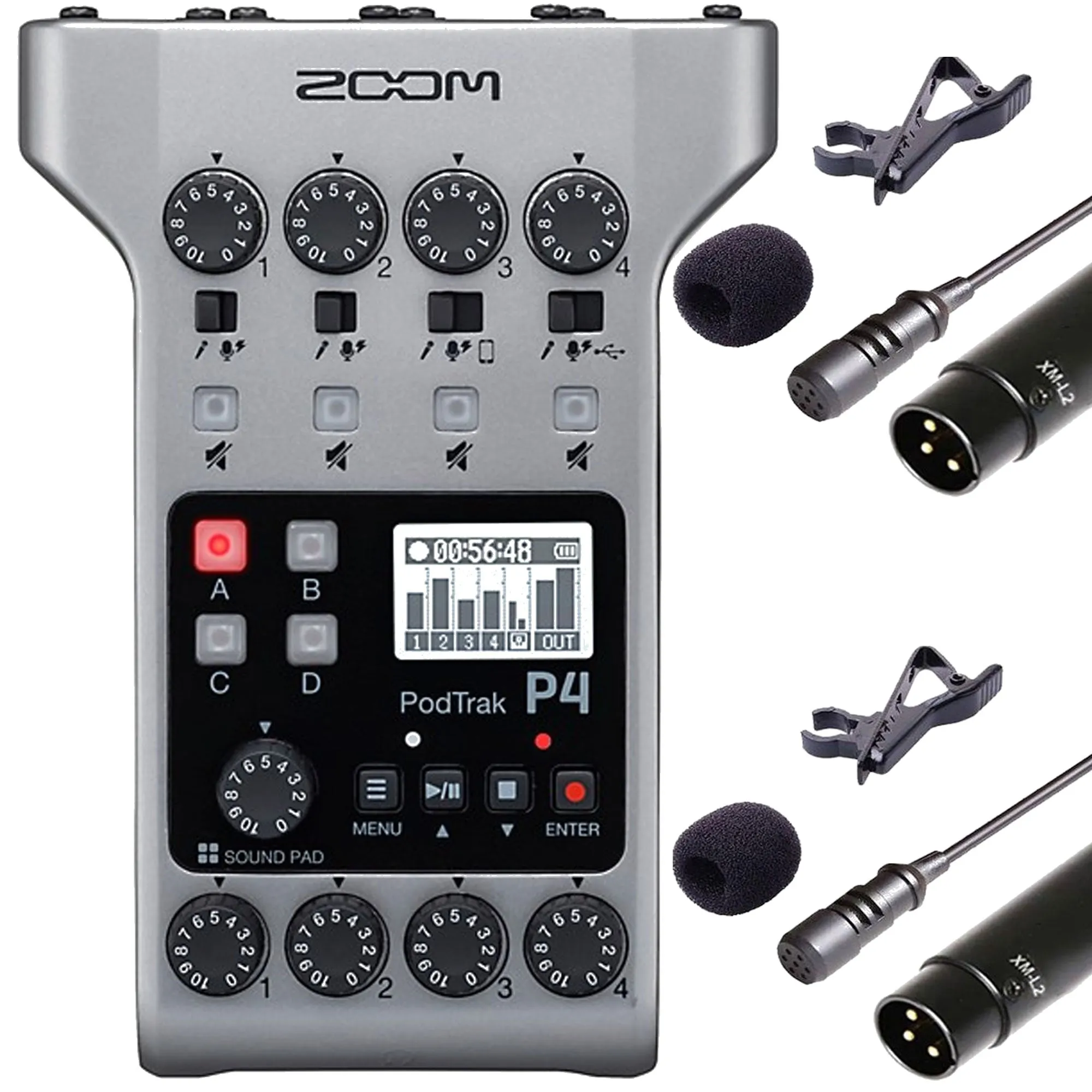 Zoom PodTrak P4 Portable Multitrack Podcast Recorder with 2x Vidpro Professional Wired XLR Lavalier Microphone XM-L2 for Pro Audio Equipment with XLR Input